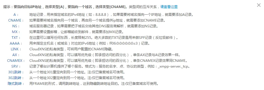 CloudXNS 记录类型