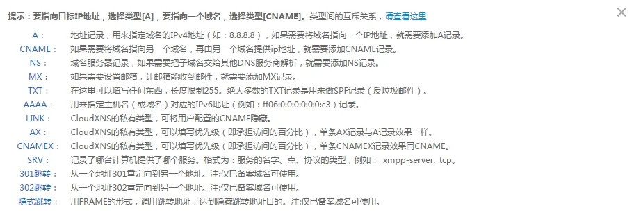 CloudXNS 记录类型
